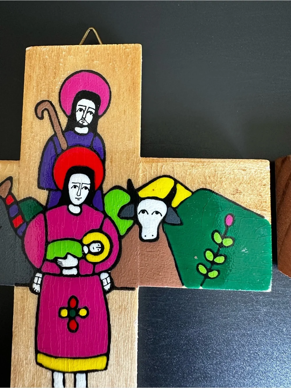 Vintage Christian Folk Art Crosses Set of 2 Painted Wood Jesus Angel Dove Decor
